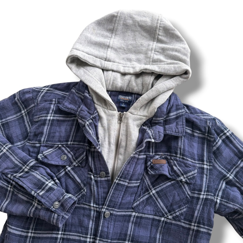 Smiths Workwear Med Blue Plaid Fleece Lined Hooded Flannel Shirt Jacket Gorpcore